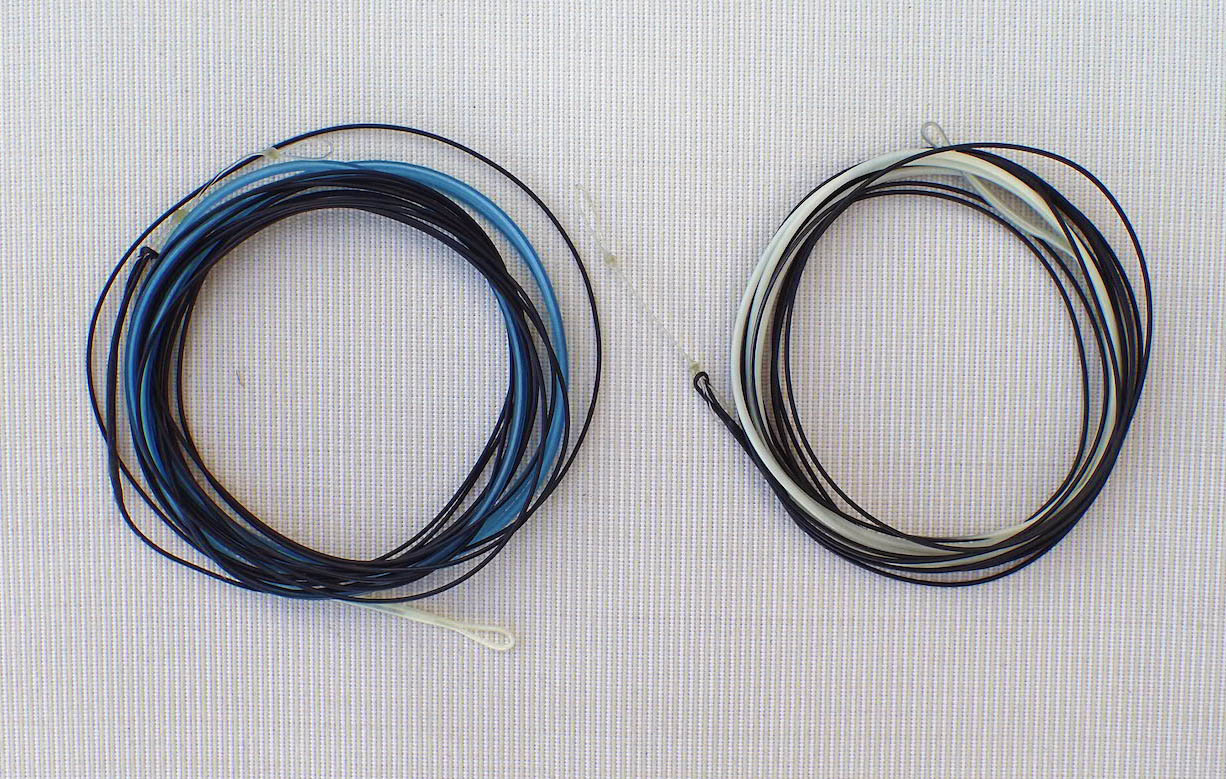 Airflo Flo (left) and Rio iMOW (right) are examples of compound tips. Both examples have 2.5 fit intermediate butt sections with 7.5 ft of T-7 or T-8