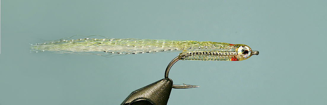 Jelly Belly Minnow fly on a vice with pale greenish background