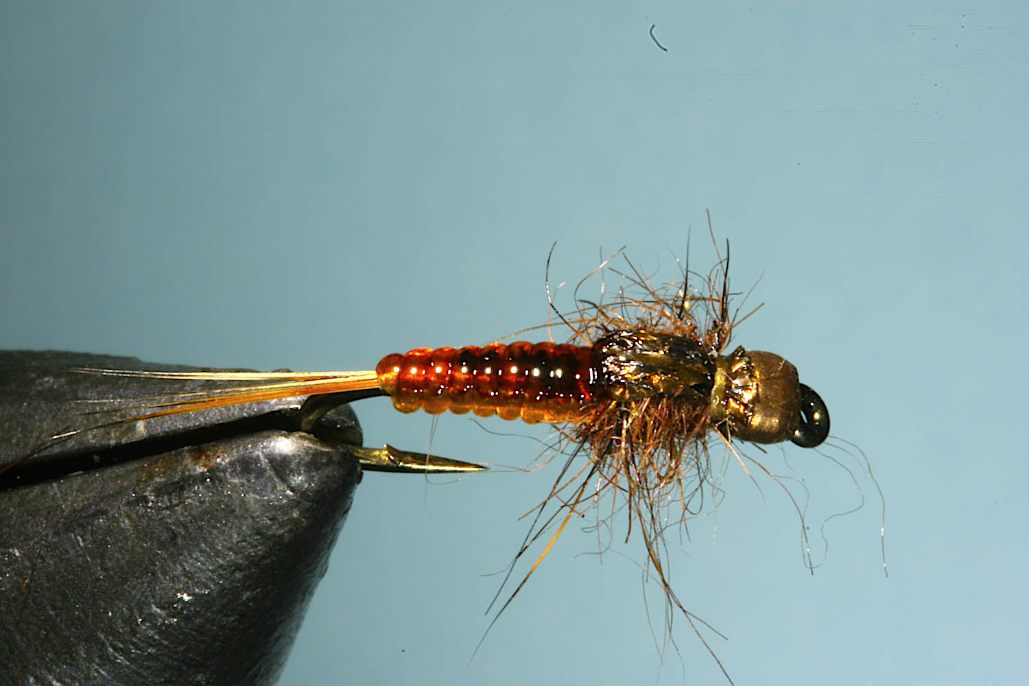 Step 10 of tying sequence for jelly crimp nymph fly