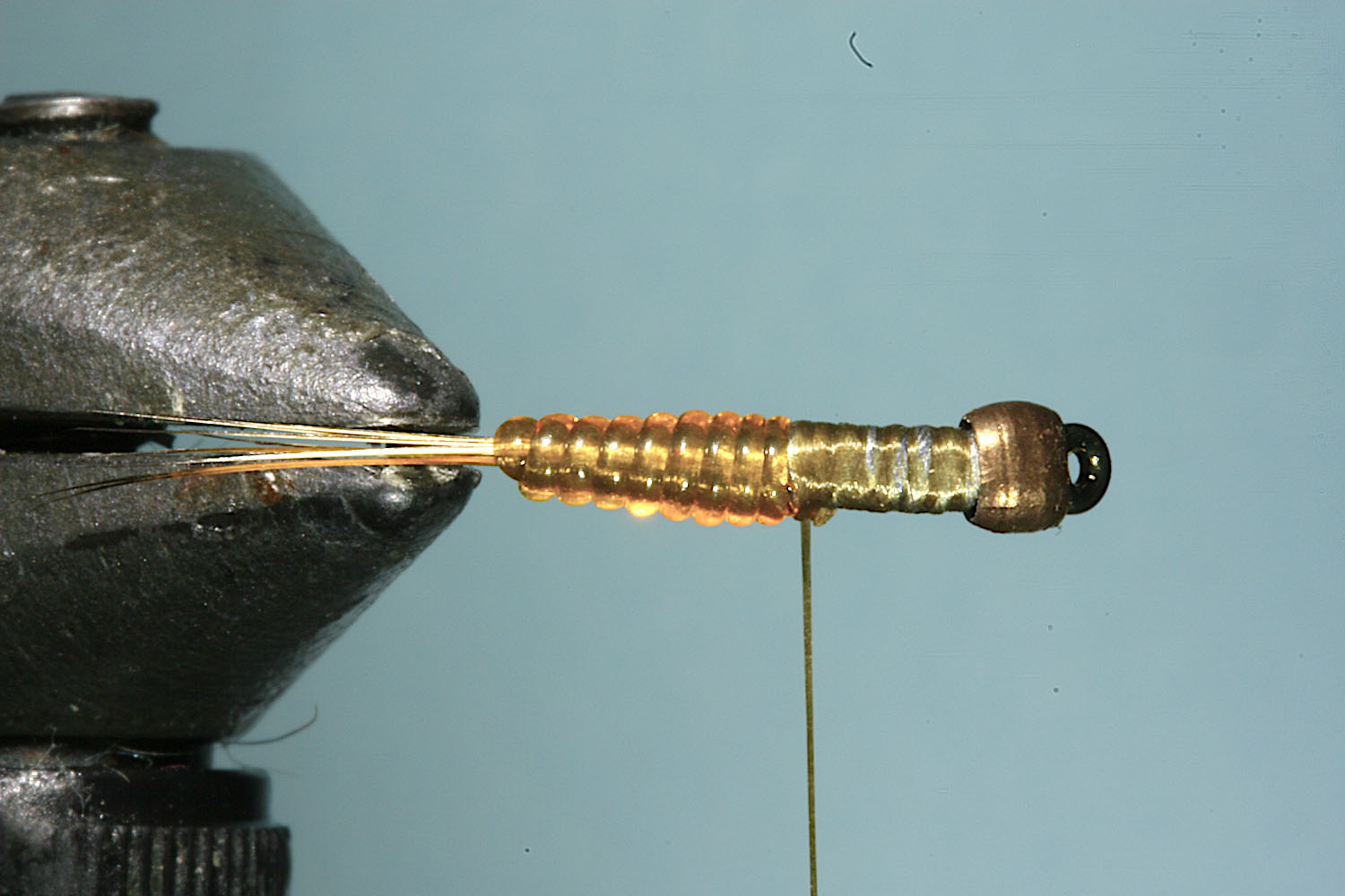 Step 5 of tying sequence for jelly crimp nymph fly