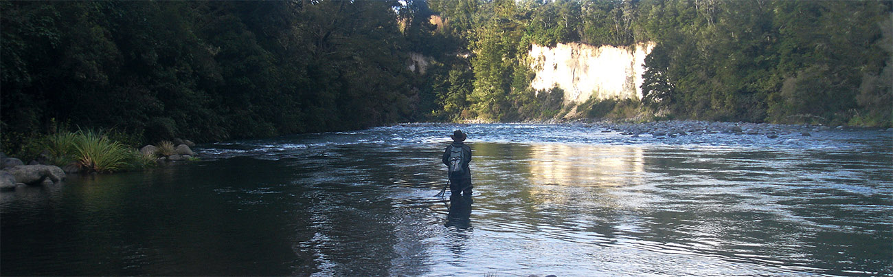 Fly fisherman spey casting on a wide river with shadows from high surounding trees