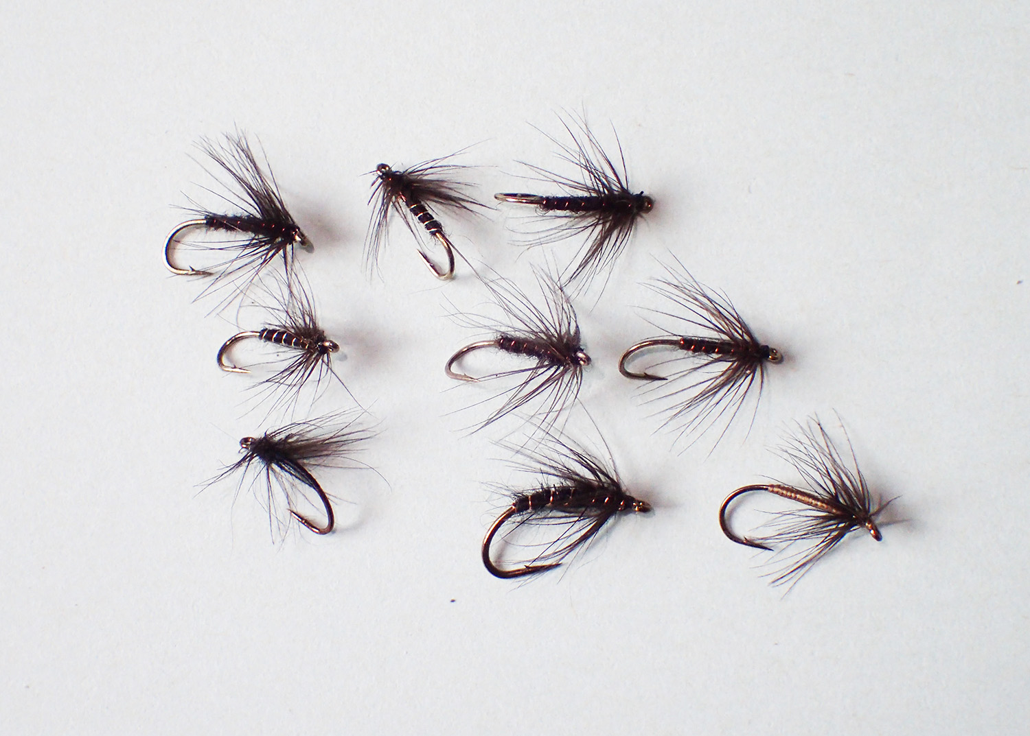 9 Stewart-style Spider flies on a pale grey background